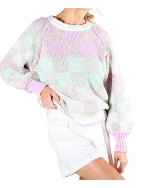 Vine and Love Sweater Size Large Checkered Knit Metallic Pink Mint White Pastel